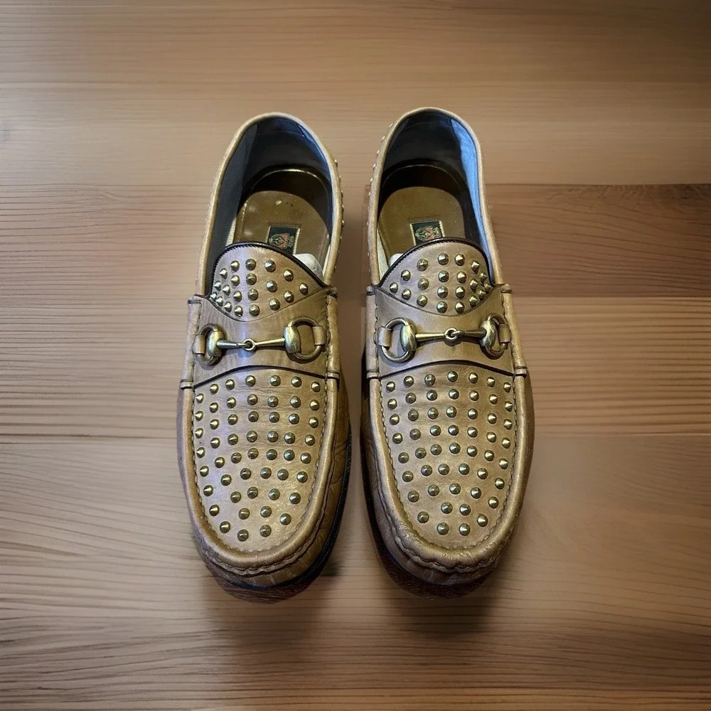 Gucci 1953 Shoes Horsebit Studded Dress Loafers Brown Mens Sz US‎ 9
